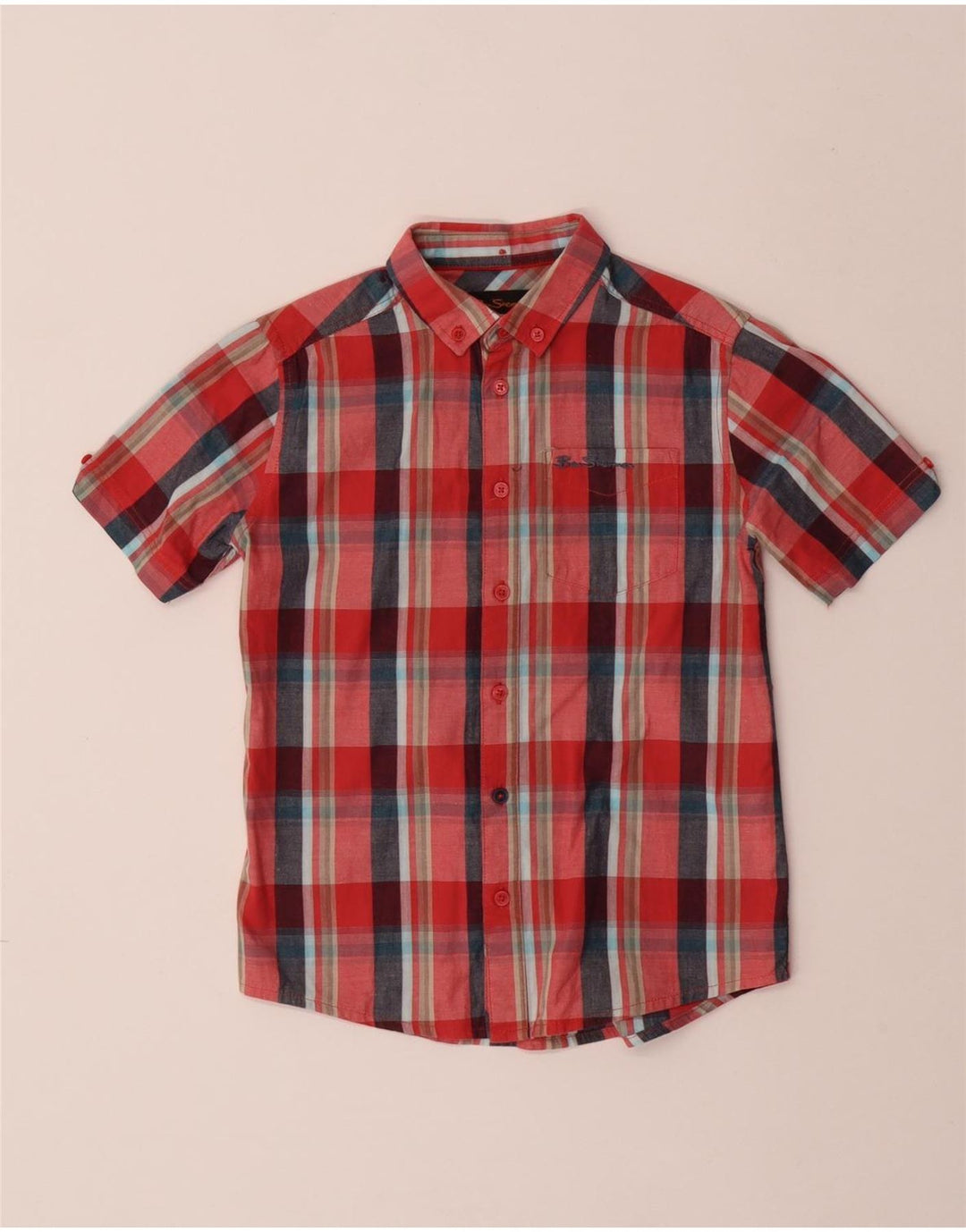 BEN SHERMAN Boys Short Sleeve Shirt 8-9 Years Red Check Cotton
