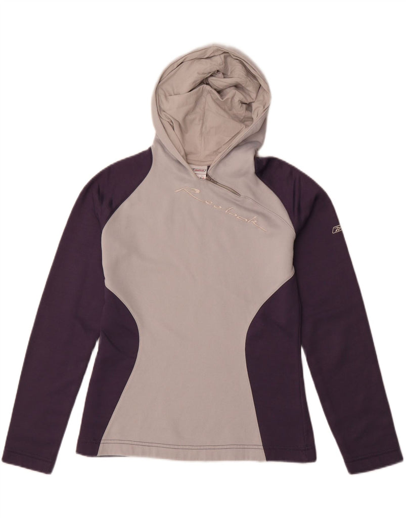 REEBOK Womens Graphic Hoodie Jumper UK 12 Medium Purple Colourblock Cotton Vintage Reebok and Second-Hand Reebok from Messina Hembry 