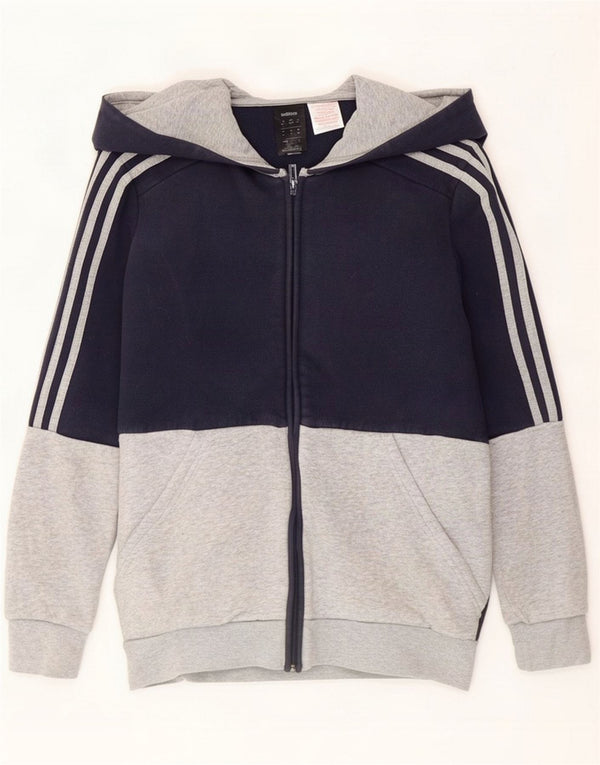 Adidas Boys Zip Hoodie Sweater 13-14 Years Navy Blue Colourblock Cotton