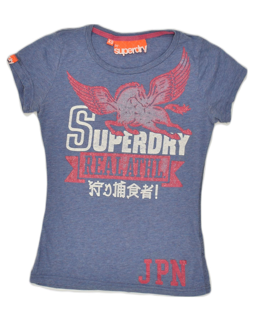 SUPERDRY Womens Graphic T-Shirt Top UK 4 XS Blue Cotton | Vintage Superdry | Thrift | Second-Hand Superdry | Used Clothing | Messina Hembry 