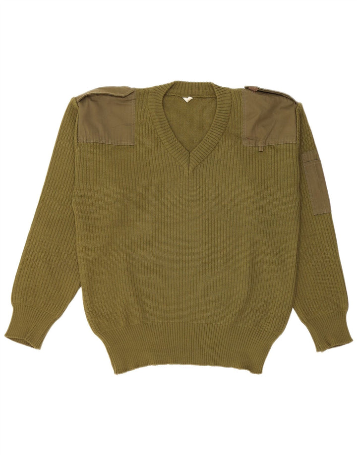Vintage Mens Military V-Neck Jumper Sweater Medium Khaki