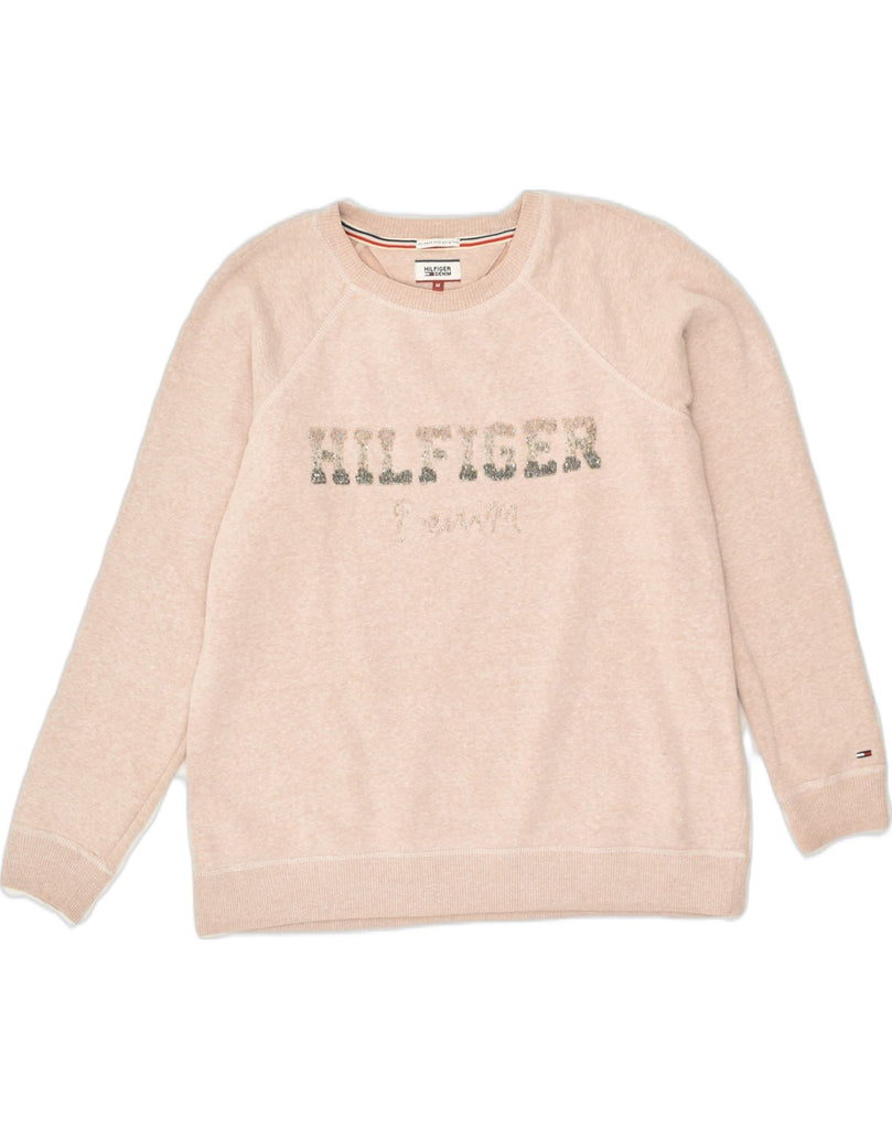 TOMMY HILFIGER Womens Graphic Sweatshirt Jumper UK 14 Medium Beige Cotton | Vintage Tommy Hilfiger | Thrift | Second-Hand Tommy Hilfiger | Used Clothing | Messina Hembry 