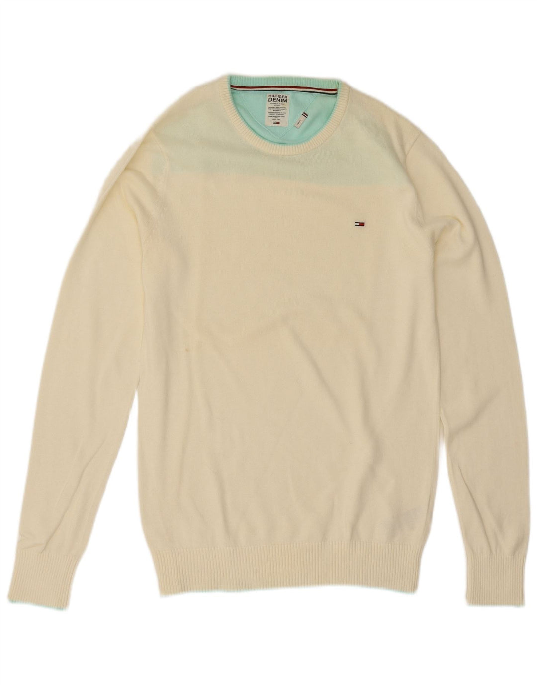 Tommy Hilfiger Mens Crew Neck Jumper Sweater Small Off White Cotton