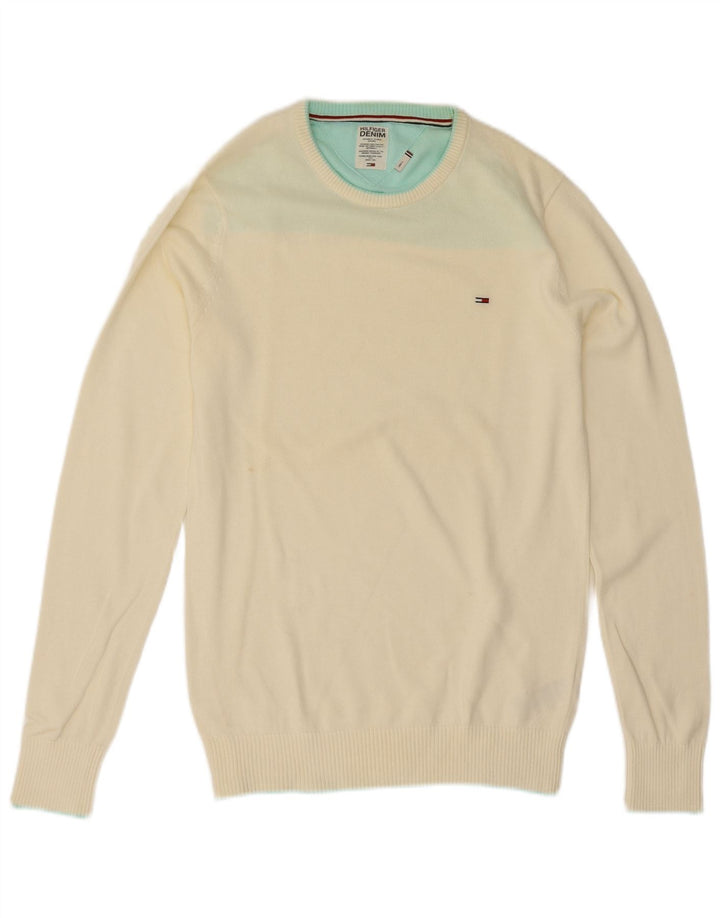 Tommy Hilfiger Mens Crew Neck Jumper Sweater Small Off White Cotton