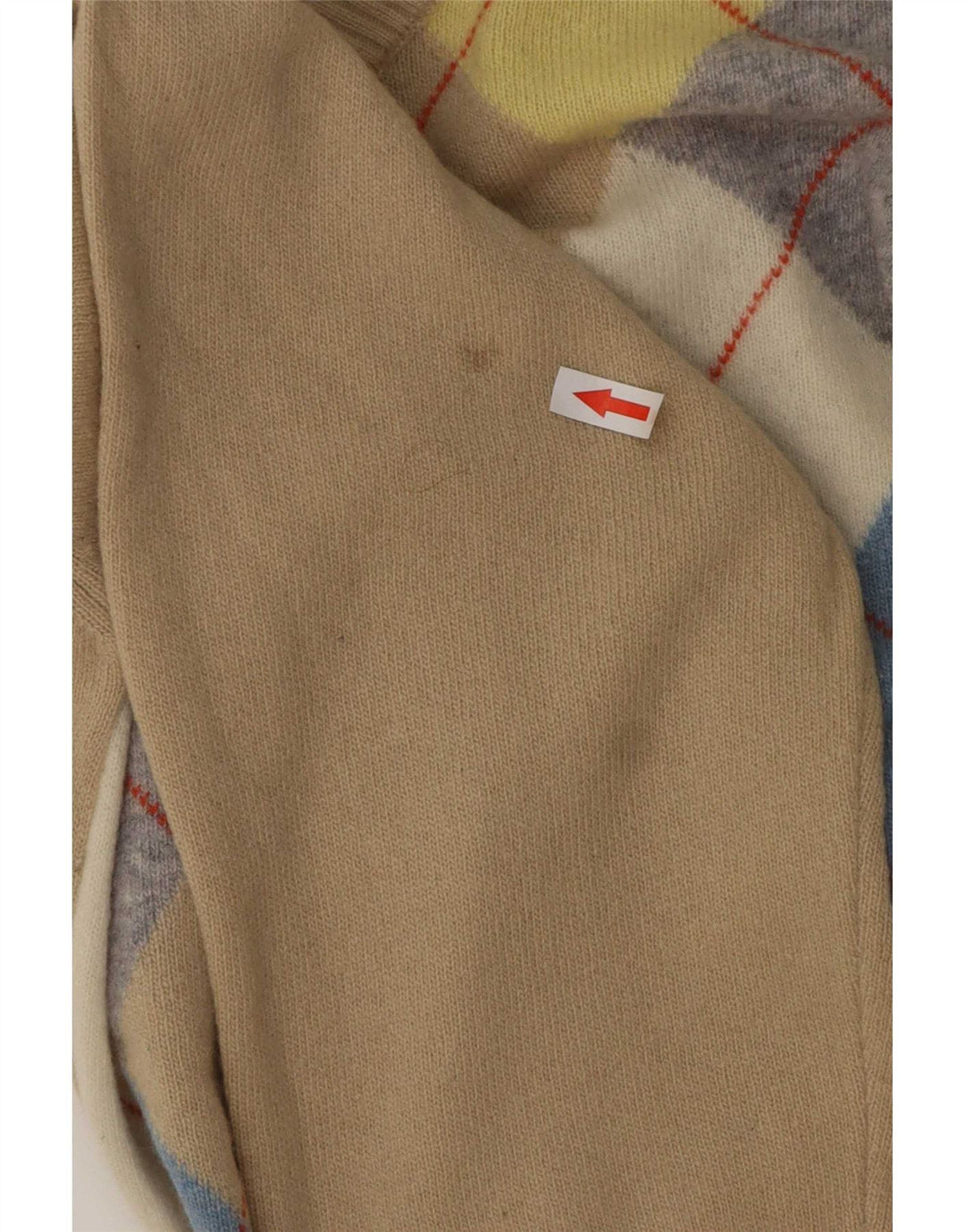 Benetton Mens V-Neck Jumper Sweater Large Beige Argyle/Diamond Wool