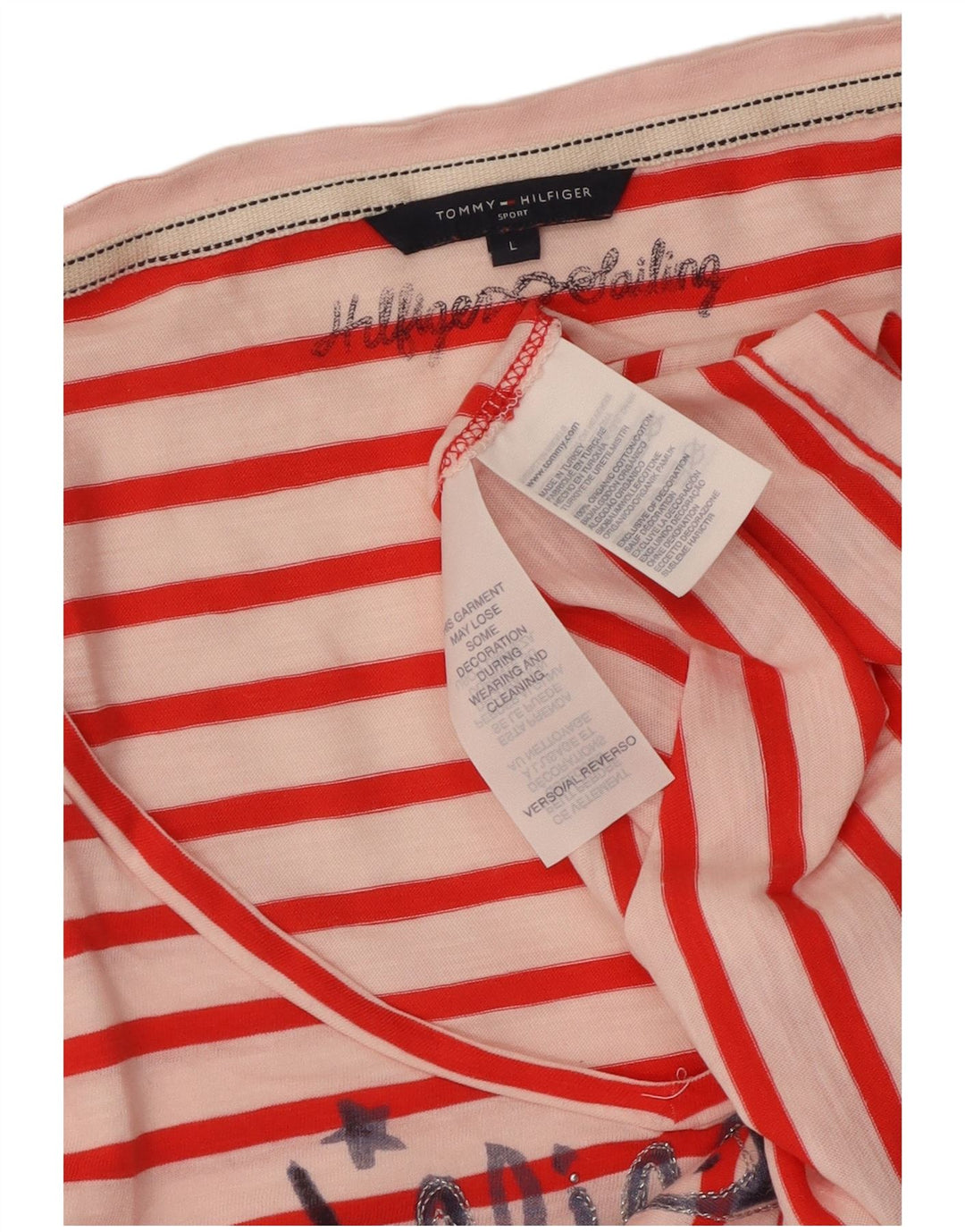 TOMMY HILFIGER Womens Crop Graphic T-Shirt Top UK 14 Large Red Striped