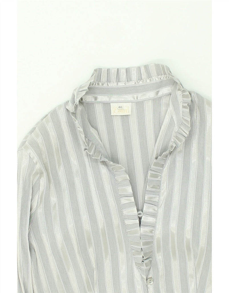 VINTAGE Womens Ruffle Front Shirt IT 40 Small Grey Striped Polyester | Vintage Vintage | Thrift | Second-Hand Vintage | Used Clothing | Messina Hembry 