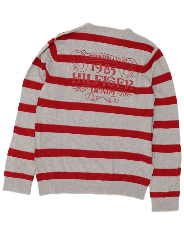 Tommy Hilfiger Mens Graphic Crew Neck Jumper Sweater XL Grey Striped Cotton