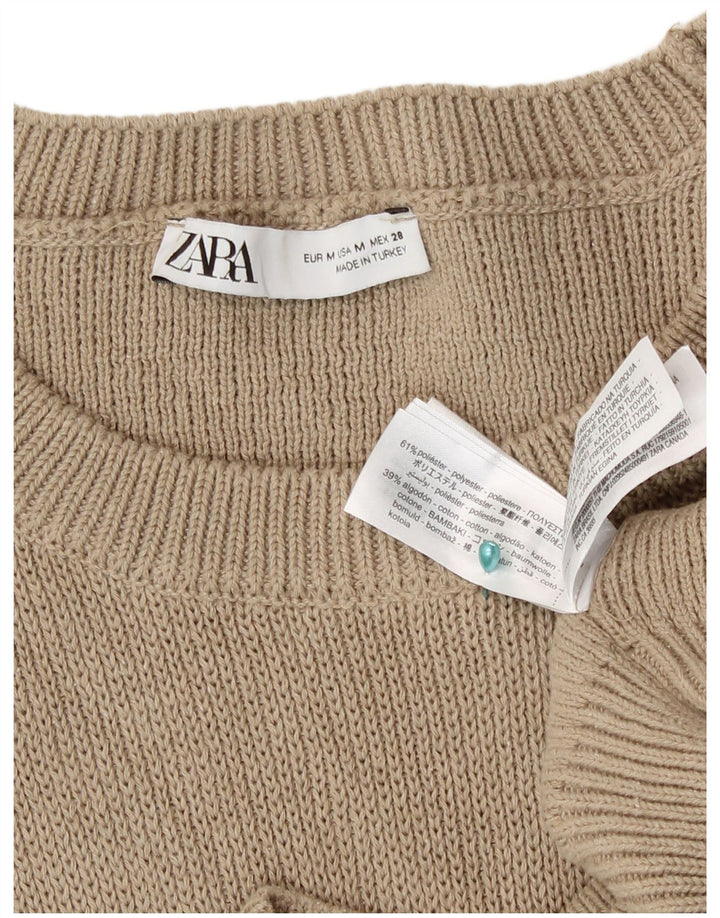 Zara Womens Loose Fit Crew Neck Jumper Sweater UK 14 Medium Beige Polyester