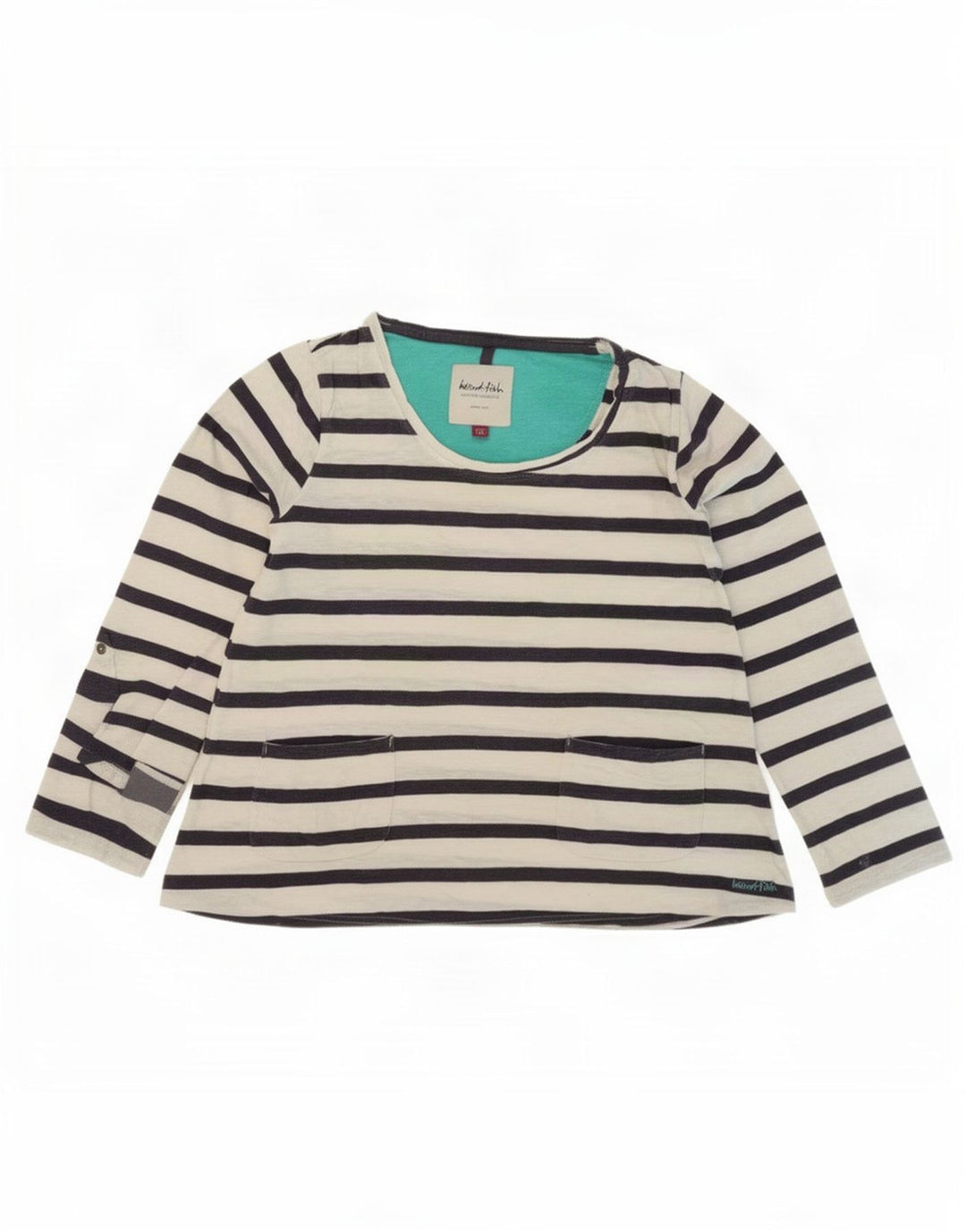 Weird Fish Womens Top Long Sleeve UK 12 Medium White Striped Cotton