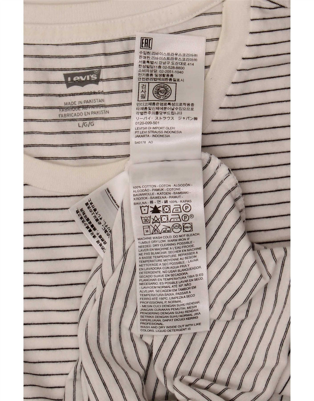 Levi's Mens T-Shirt Top Large White Pinstripe Cotton