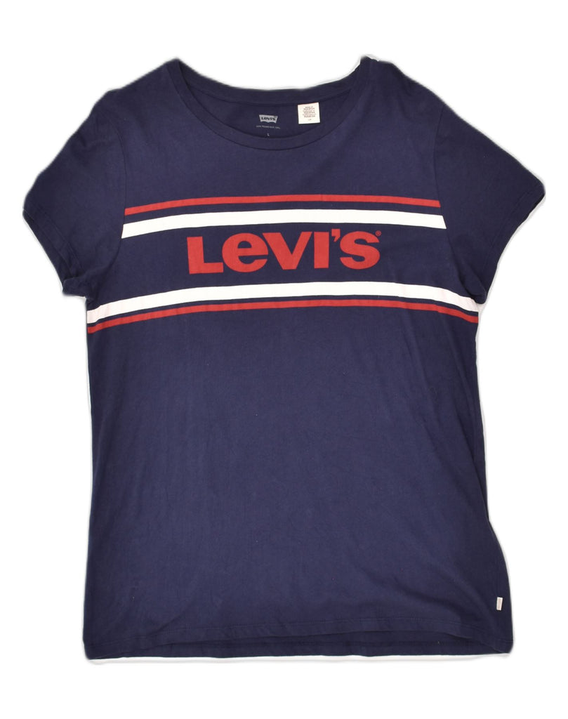 LEVI'S Womens Graphic T-Shirt Top UK 14 Large Navy Blue Cotton | Vintage Levi's | Thrift | Second-Hand Levi's | Used Clothing | Messina Hembry 