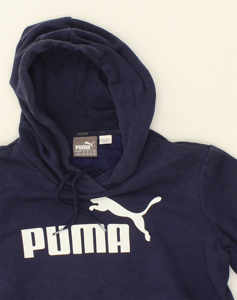 PUMA Womens Loose Fit Graphic Hoodie Jumper UK 10 Small Navy Blue Cotton | Vintage Puma | Thrift | Second-Hand Puma | Used Clothing | Messina Hembry 