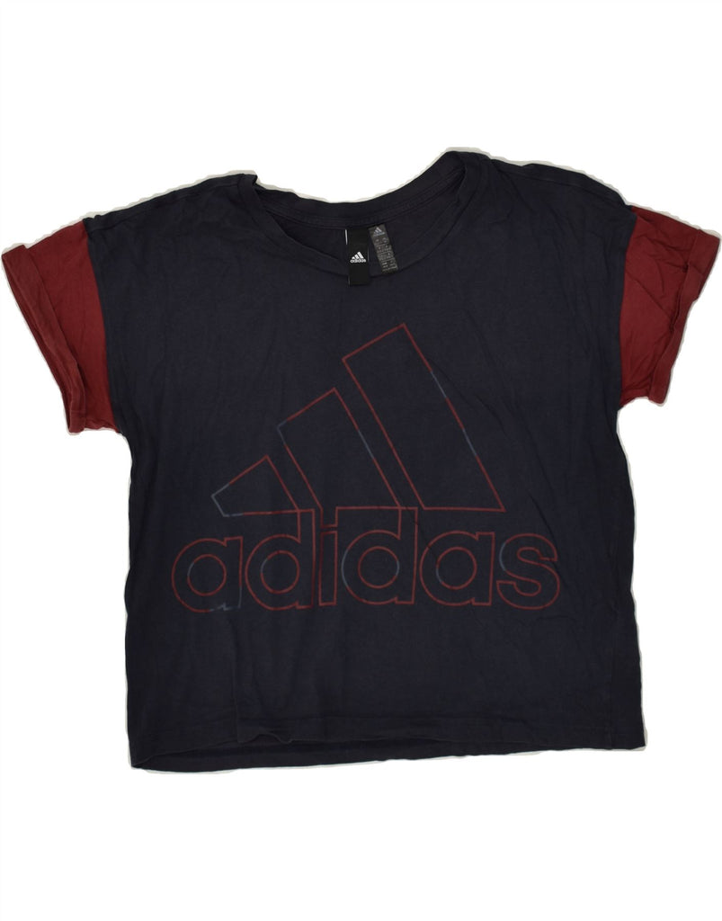 ADIDAS Womens Crop Graphic T-Shirt Top UK 12/14 Medium Navy Blue | Vintage Adidas | Thrift | Second-Hand Adidas | Used Clothing | Messina Hembry 