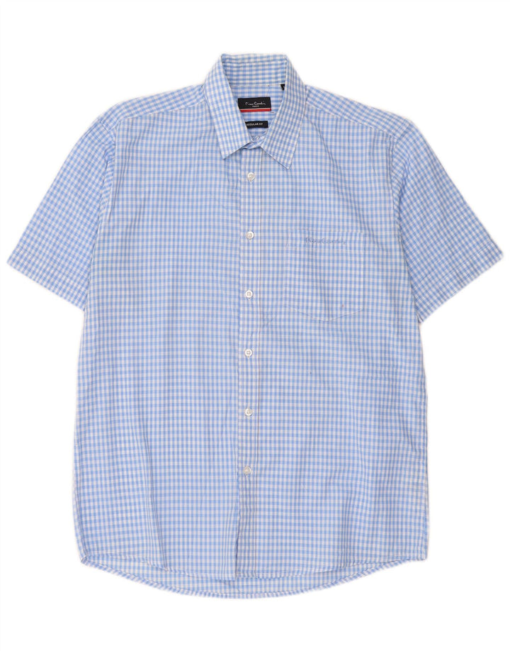 Pierre Cardin Mens Short Sleeve Regular Fit Shirt Medium Blue Gingham