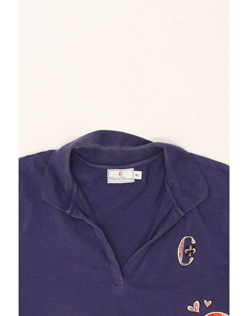 CONTE OF FLORENCE Womens Graphic Polo Shirt UK 18 XL Purple Cotton Vintage Conte of Florence and Second-Hand Conte of Florence from Messina Hembry 