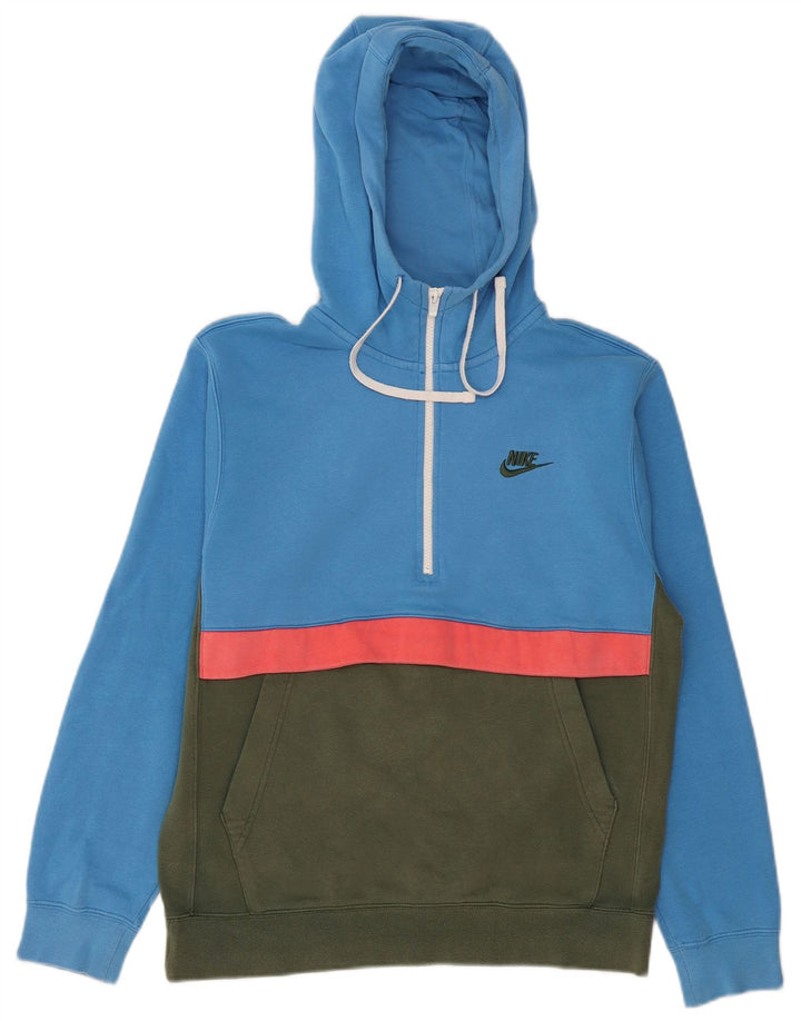 NIKE Mens Zip Neck Hoodie Jumper Small Blue Colourblock Cotton