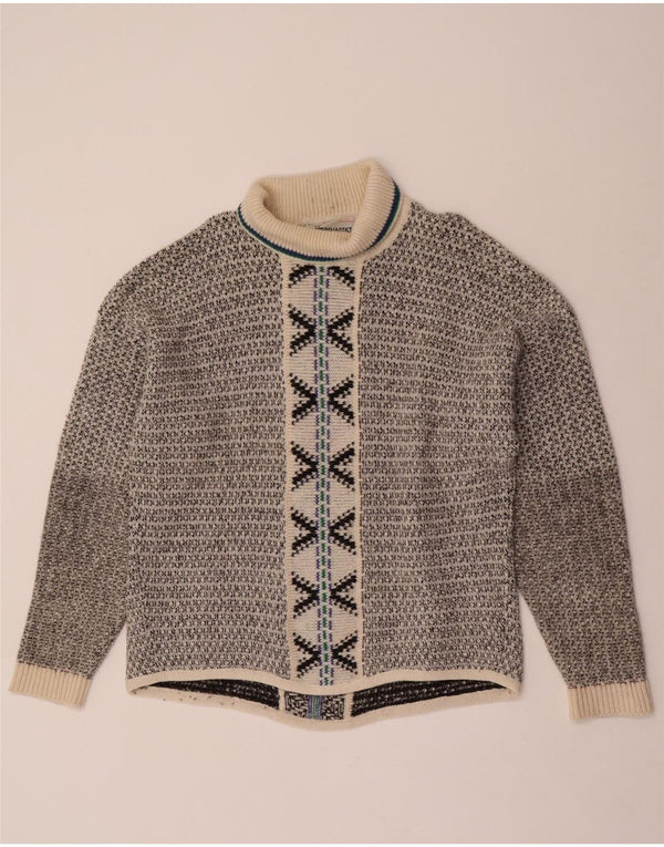 Vintage Mens Roll Neck Jumper Sweater Large Grey Geometric Wool