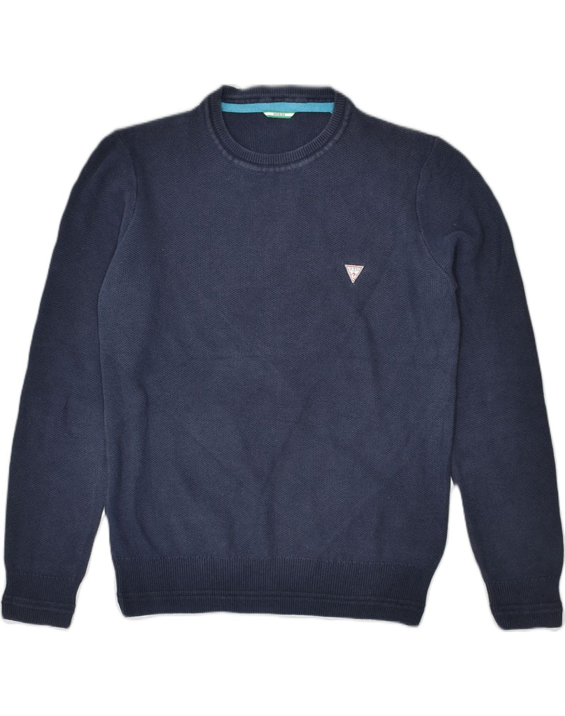 GUESS Mens Crew Neck Jumper Sweater Small Navy Blue Cotton | Vintage | Thrift | Second-Hand | Used Clothing | Messina Hembry 