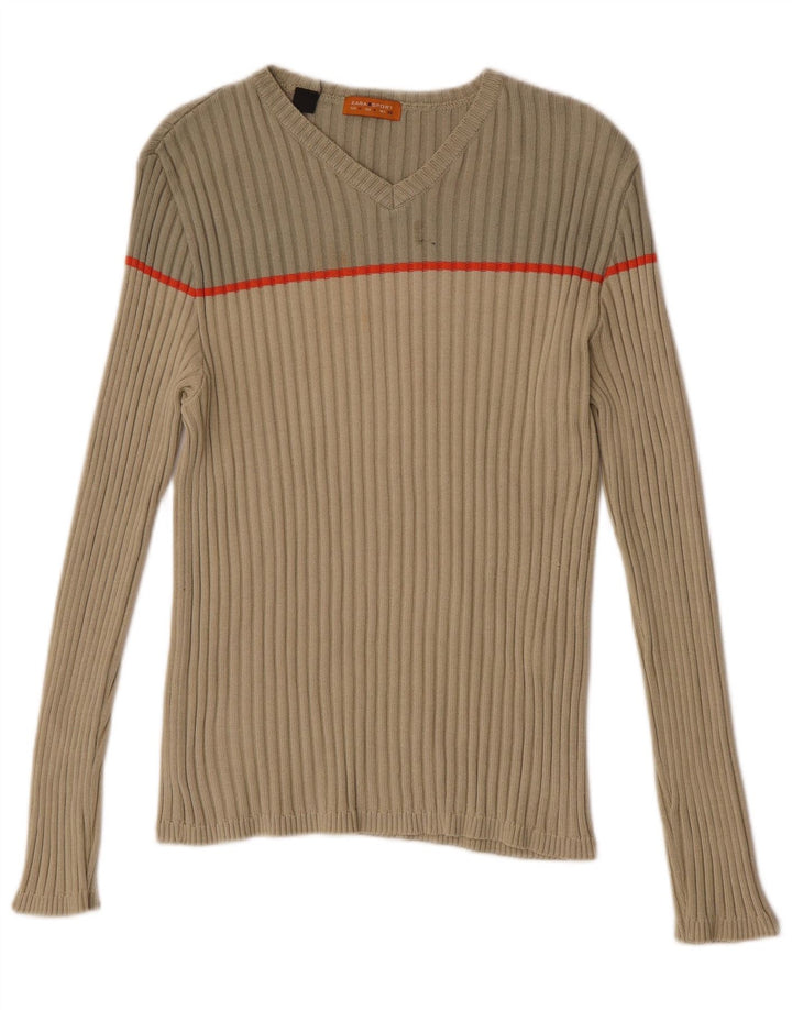 Zara Mens V-Neck Jumper Sweater Medium Beige Colourblock Cotton