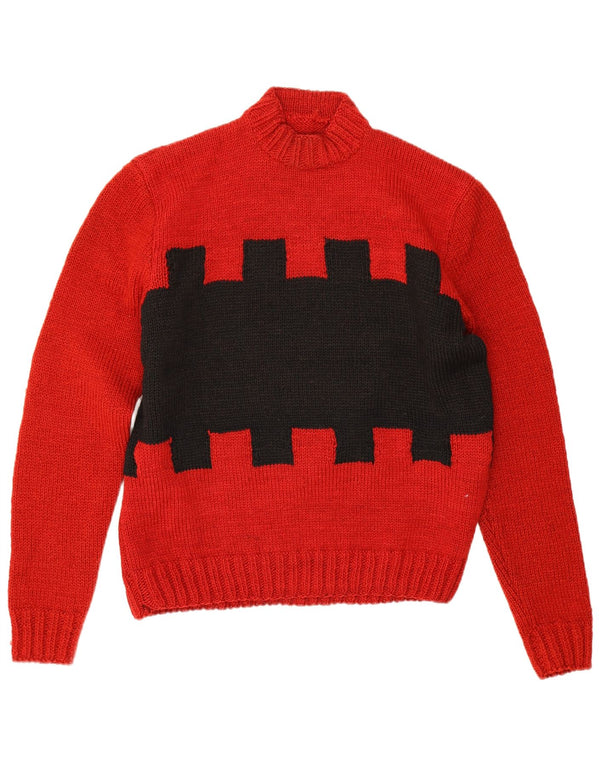 Vintage Mens Turtle Neck Jumper Sweater Large Red Geometric
