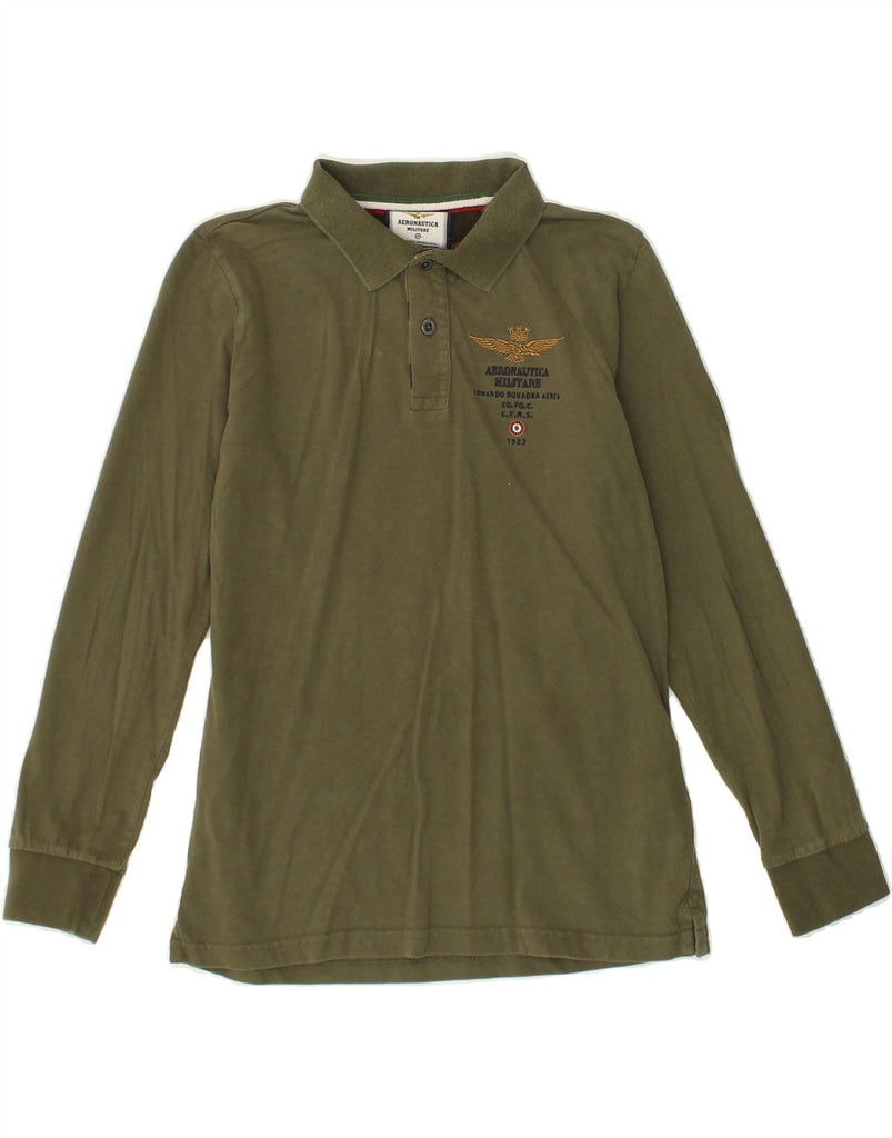 AERONAUTICA MILITARE Boys Long Sleeve Polo Shirt 9-10 Years Khaki Cotton | Vintage Aeronautica Militare | Thrift | Second-Hand Aeronautica Militare | Used Clothing | Messina Hembry 