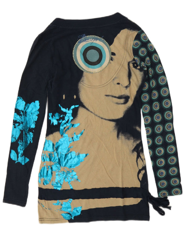 Desigual Womens Graphic Top Long Sleeve UK 6 XS Navy Blue Geometric Cotton