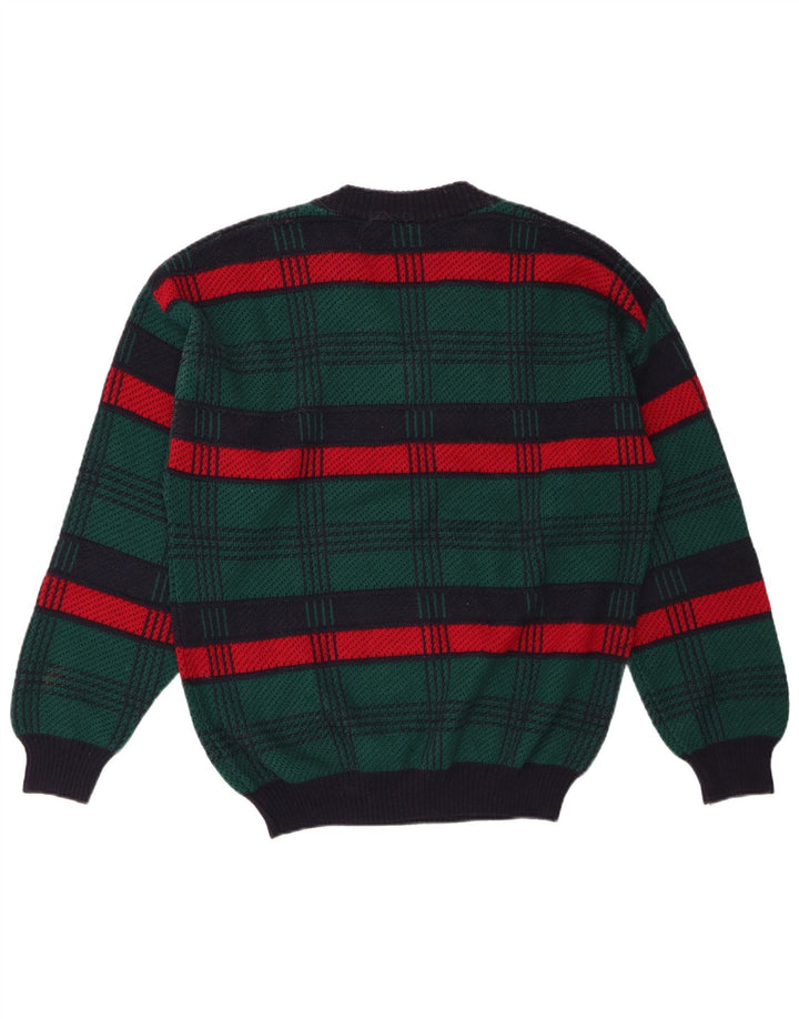 VINTAGE Mens V-Neck Jumper Sweater Large Green Striped Wool
