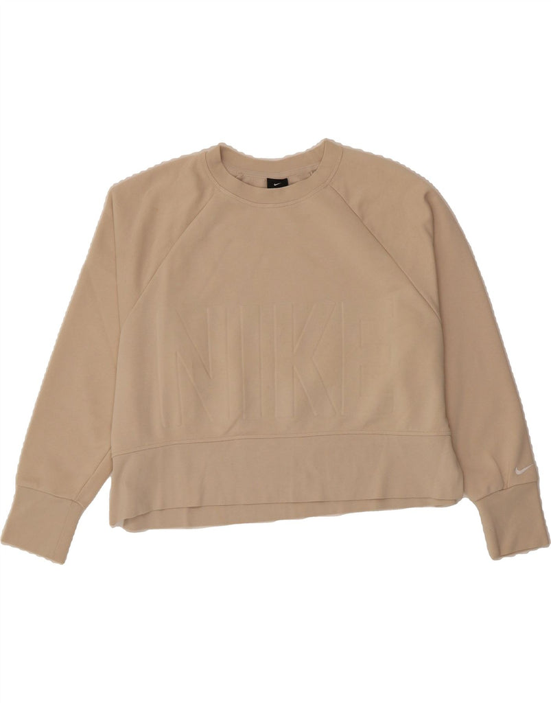 NIKE Womens Oversized Graphic Crop Sweatshirt Jumper UK 14 Medium Beige Vintage Nike and Second-Hand Nike from Messina Hembry 
