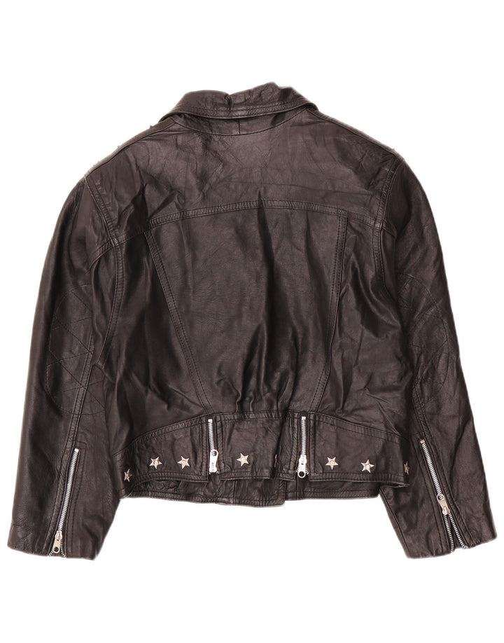 Vintage Womens Crop Leather Biker Jacket UK 12 Medium Black Leather
