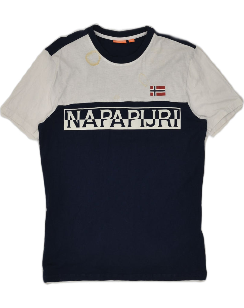 NAPAPIJRI Mens Graphic T-Shirt Top Medium Navy Blue Colourblock Cotton | Vintage Napapijri | Thrift | Second-Hand Napapijri | Used Clothing | Messina Hembry 