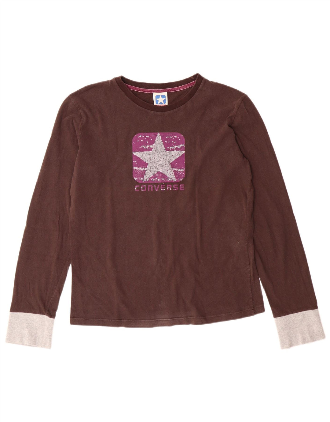 CONVERSE Girls Graphic Top Long Sleeve 13-14 Years Large  Brown Cotton