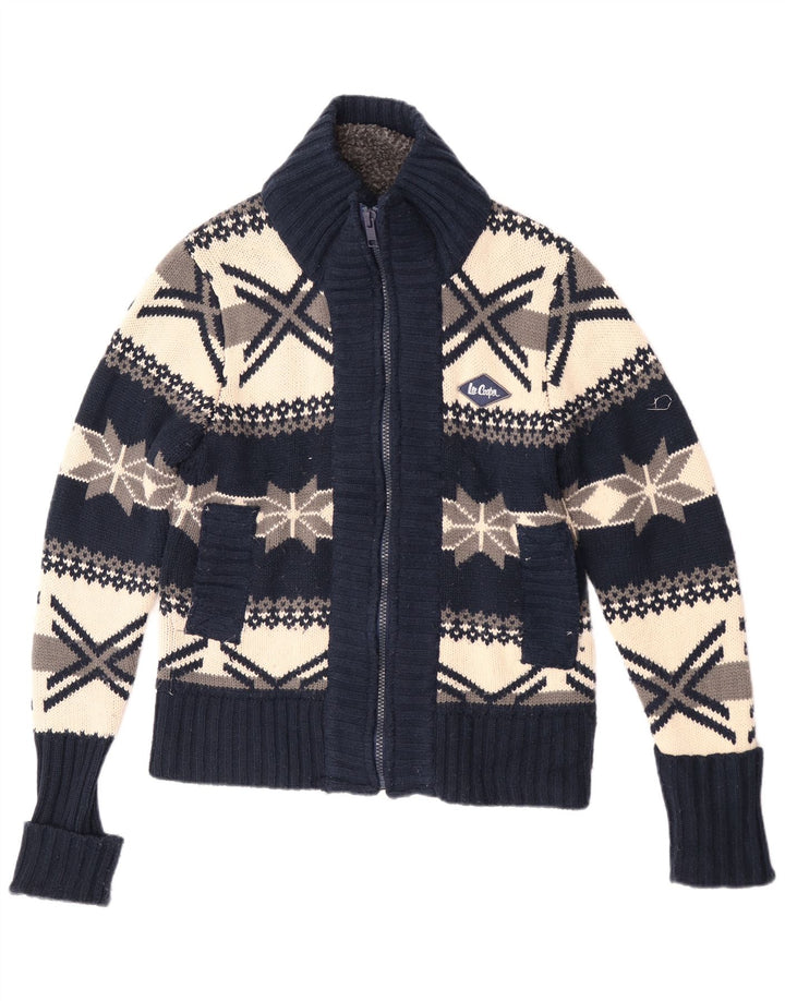 Lee Cooper Mens Cardigan Sweater Medium Navy Blue Geometric Acrylic Retro