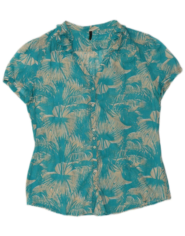 BENETTON Womens Short Sleeve Shirt Blouse UK 14 Medium Blue Floral