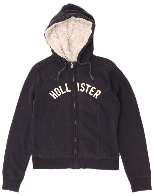 Hollister Womens Sherpa Graphic Zip Hoodie Sweater UK 12 Medium Navy Blue