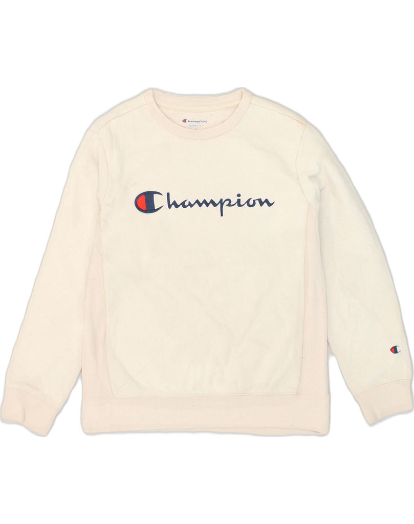 CHAMPION Womens Graphic Sweatshirt Jumper UK 12 Medium Off White Cotton | Vintage Champion | Thrift | Second-Hand Champion | Used Clothing | Messina Hembry 