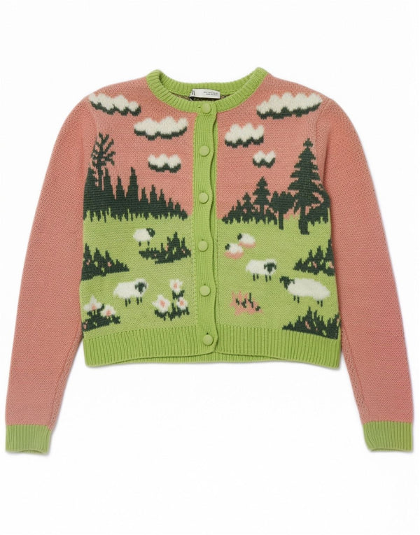 Zara Womens Graphic Crop Cardigan Sweater UK 10 Small Pink Colourblock