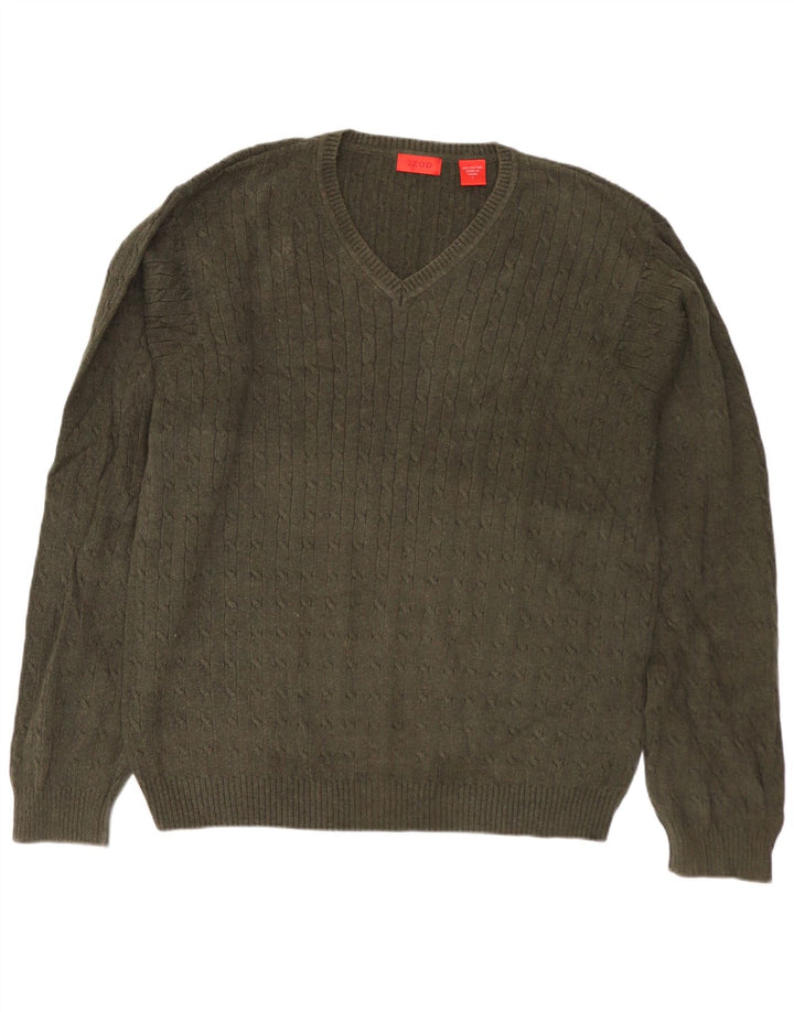 Izod Mens V-Neck Jumper Sweater Large Khaki Cotton