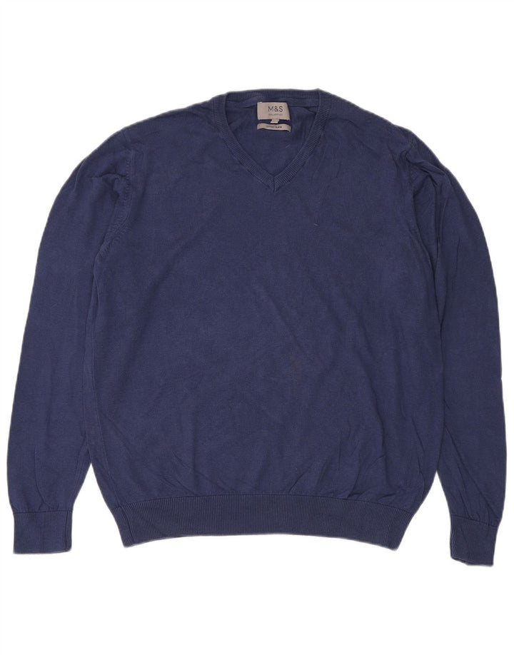 Marks & Spencer Mens V-Neck Jumper Sweater Large Navy Blue Cotton