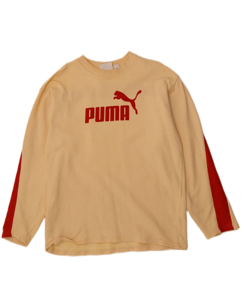 PUMA Mens Loose Fit Graphic Sweatshirt Jumper Small Beige Colourblock Vintage Puma and Second-Hand Puma from Messina Hembry 