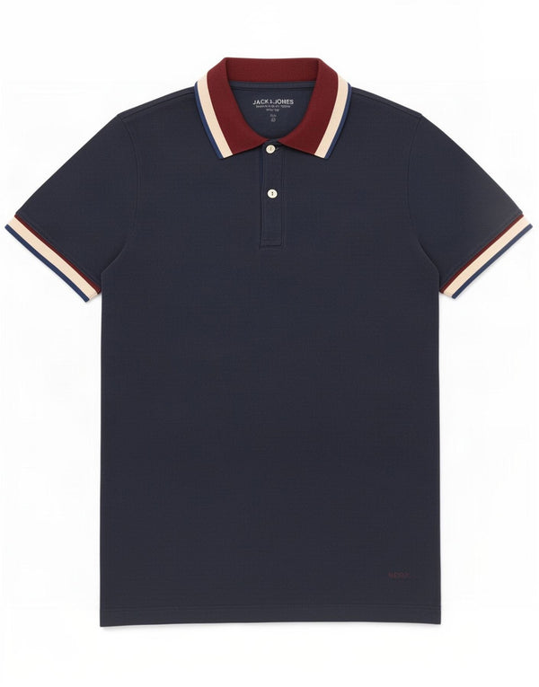 Jack & Jones Mens Polo Shirt Medium Navy Blue Colourblock Cotton