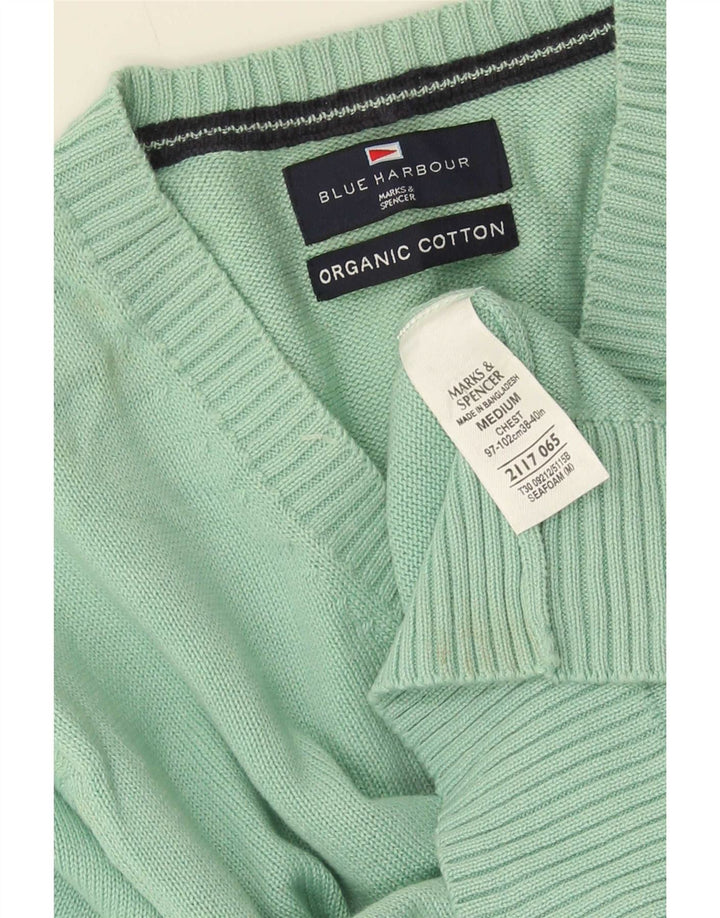 Marks & Spencer Mens Blue Harbour V-Neck Jumper Sweater Medium Green Cotton
