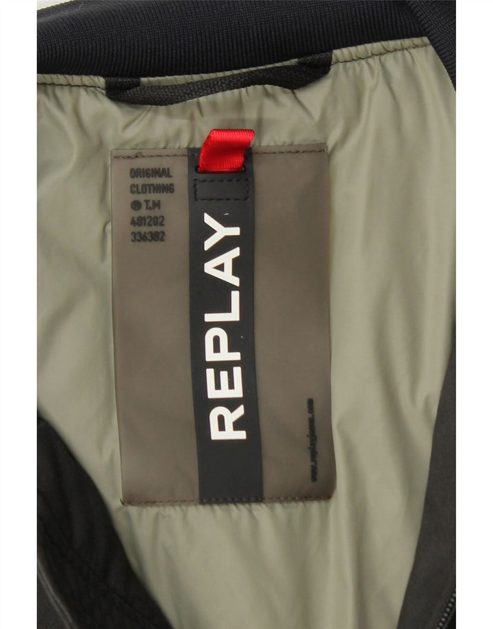 Replay Mens Graphic Bomber Jacket UK 38 Medium Grey Colourblock Cotton