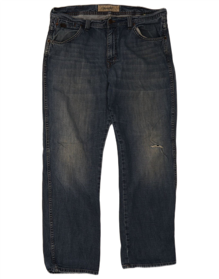 Wrangler Mens Wesley Distressed Straight Jeans W36 L32 Blue Cotton
