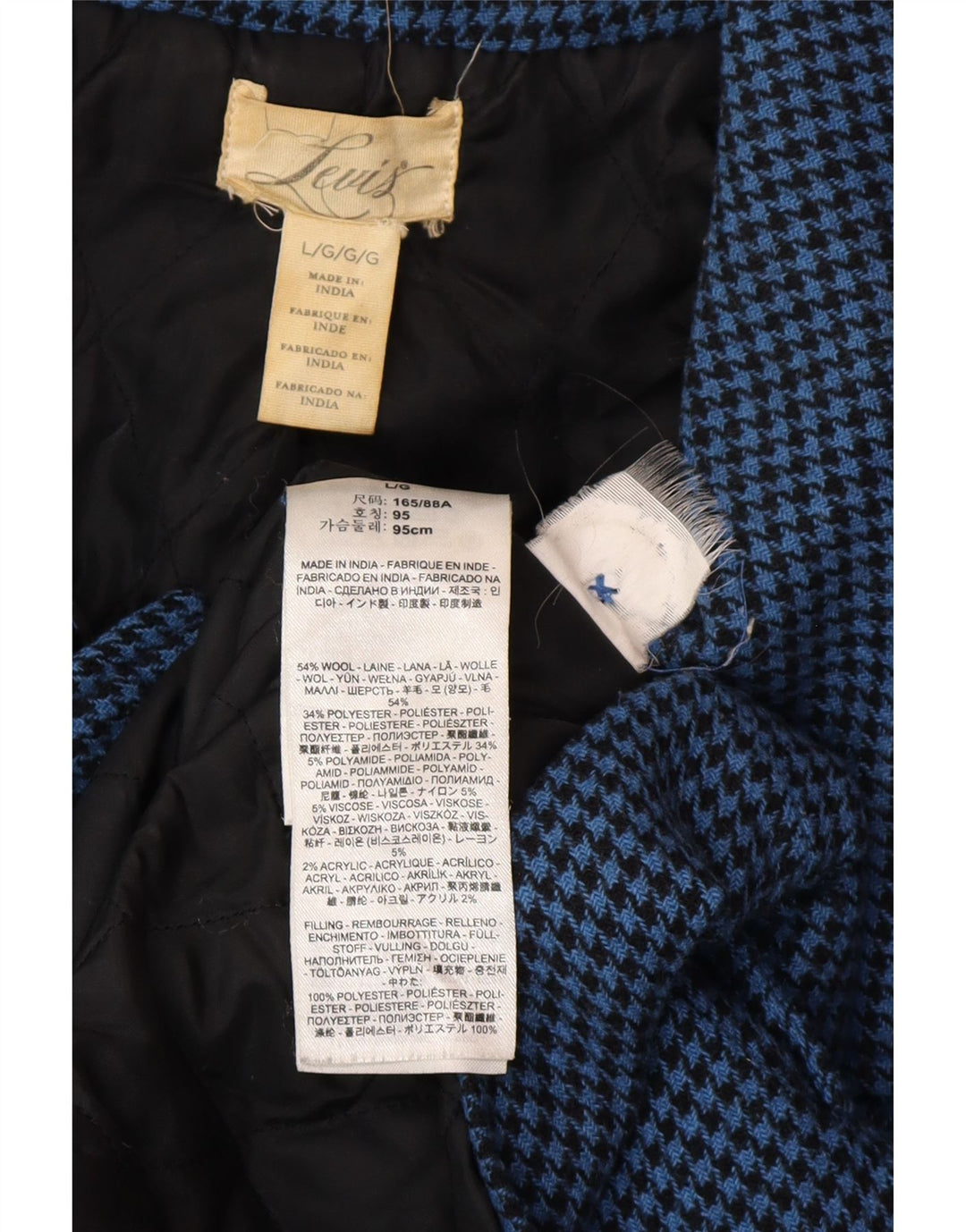 LEVI'S Womens Double Breasted Coat UK 16 Large Blue Houndstooth Wool