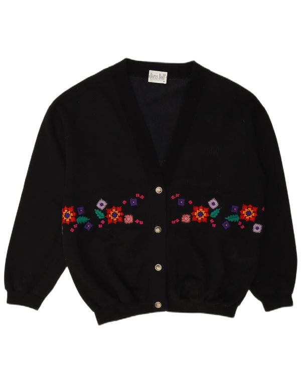 Vintage Womens Cardigan Sweater UK 14 Medium Black Floral Cotton