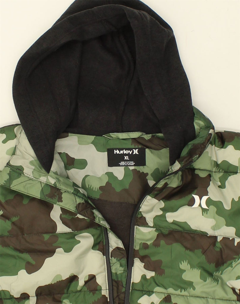 HURLEY Boys Graphic Hooded Padded Jacket 15-16 Years XL Green Camouflage | Vintage Hurley | Thrift | Second-Hand Hurley | Used Clothing | Messina Hembry 