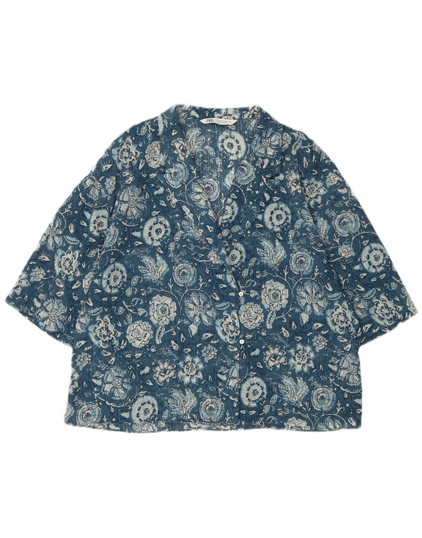 Zara Womens Short Sleeve Shirt Blouse UK 18 XL Blue Floral Polyester