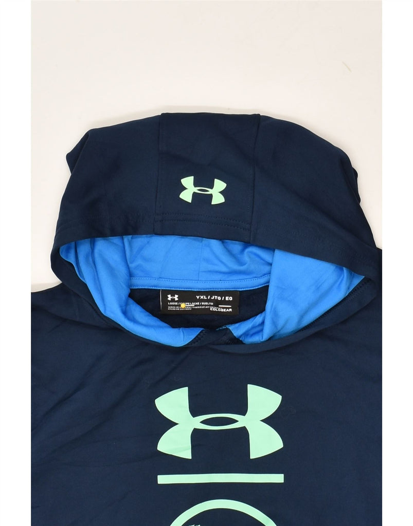 UNDER ARMOUR Boys Graphic Hoodie Jumper 13-14 Years XL Navy Blue Polyester | Vintage Under Armour | Thrift | Second-Hand Under Armour | Used Clothing | Messina Hembry 