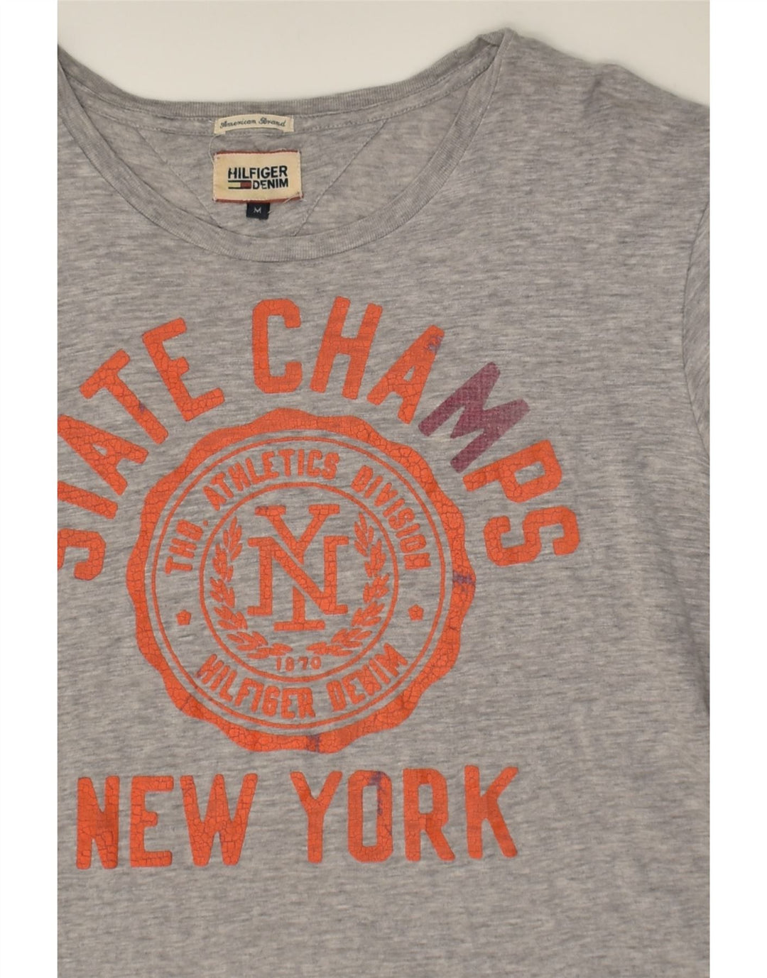 TOMMY HILFIGER Womens Graphic T-Shirt Top UK 12 Medium Grey Cotton | Vintage Tommy Hilfiger | Thrift | Second-Hand Tommy Hilfiger | Used Clothing | Messina Hembry 